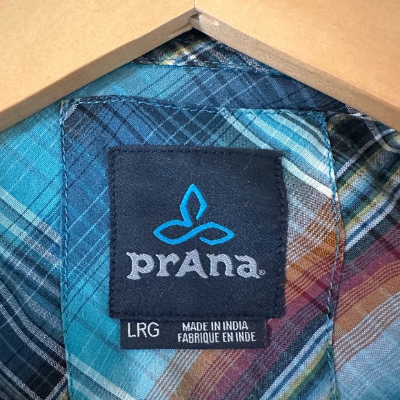 Prana casual button up plaid shirt, vibrant colors, size large - Picture 3 of 5